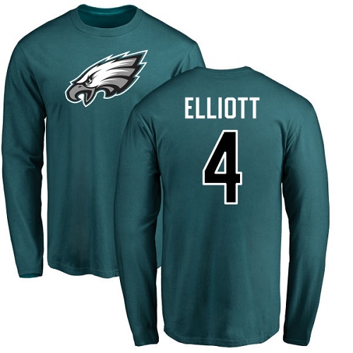 Men Philadelphia Eagles #4 Jake Elliott Green Name and Number Logo Long Sleeve NFL T Shirt